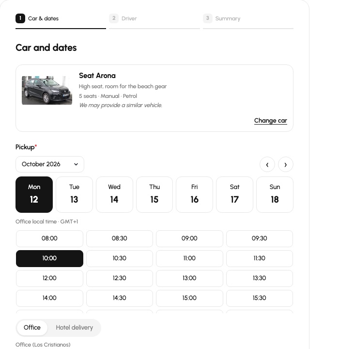 The booking form: car, pickup and return dates and times, and the total price